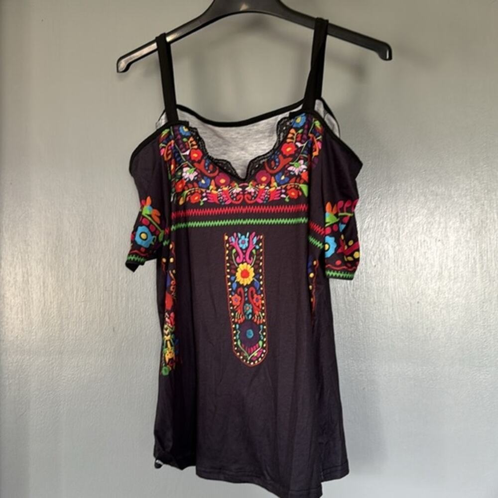 V-Neck Cold Shoulder Short Sleeves Womens Pullover Top sz L Lace Floral Festival